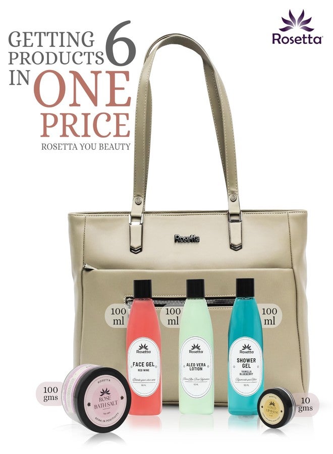 روزيتا حقيبة يد نسائية من روزيتا مع مجموعة هدايا للعناية بالبشرة بالأعشاب | حقيبة كتف من الجلد النباتي مع جل للوجه، جل استحمام، لوشن الصبار، وملح استحمام | هدية مثالية للنساء (بيج) - Image 3