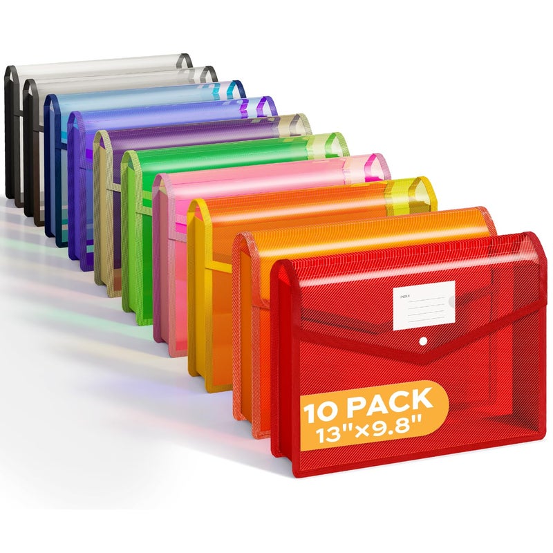 Deli 10 Pack Plastic Expanding File Folder, Folders for Documents with Snap Closure, Colorful File Folder Organizer, Transparent Accordion File Organizer, Large Capacity, Fit Letter/A4 Size, 9 Colors - Image 1