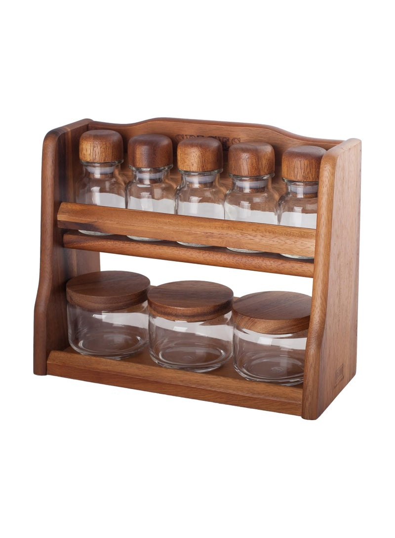 BILLI 5 Pieces Spice Bottles And 6 Pieces Canister Set With Wooden Lid And Rack - Image 1