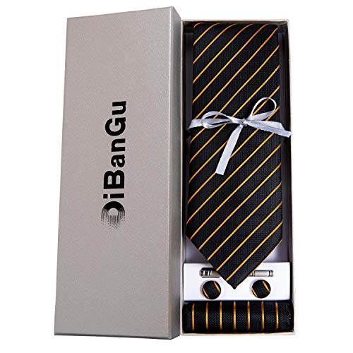 DiBanGu Mens Striped Tie Silk Woven Necktie and Pocket Square Cufflinks Tie Clip Set Wedding Business Formal, Gold and Black - Image 4