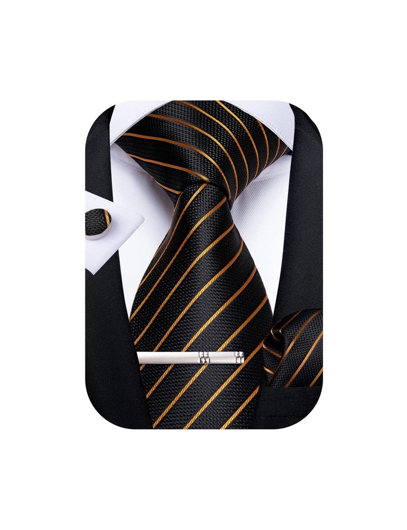 DiBanGu Mens Striped Tie Silk Woven Necktie and Pocket Square Cufflinks Tie Clip Set Wedding Business Formal, Gold and Black - Image 1