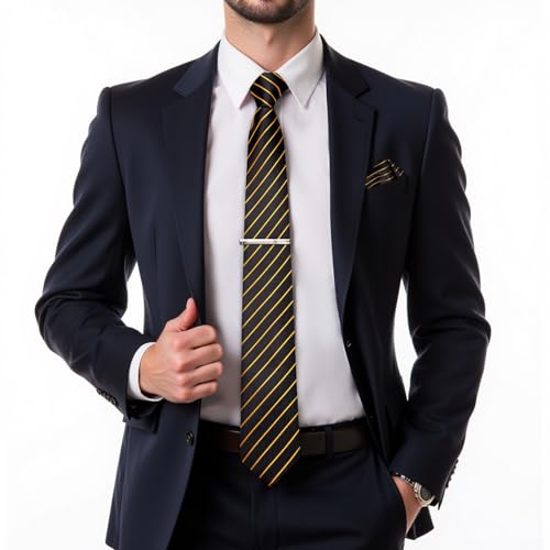 DiBanGu Mens Striped Tie Silk Woven Necktie and Pocket Square Cufflinks Tie Clip Set Wedding Business Formal, Gold and Black - Image 2