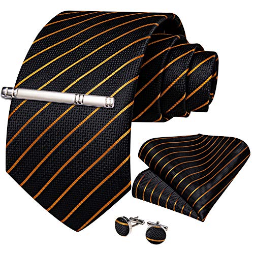 DiBanGu Mens Striped Tie Silk Woven Necktie and Pocket Square Cufflinks Tie Clip Set Wedding Business Formal, Gold and Black - Image 3