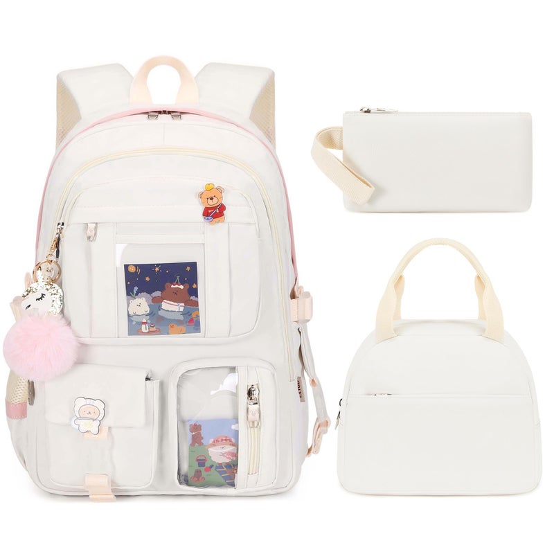 LXYGD Laptop Backpacks 16 Inch School Bag College Backpack 3 PCS with Lunch Box Pencil Pouch Set Large Travel Daypack Kawaii Bookbags for Teens Girls Women Students (Off-white) - Image 1