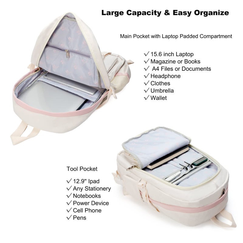 LXYGD Laptop Backpacks 16 Inch School Bag College Backpack 3 PCS with Lunch Box Pencil Pouch Set Large Travel Daypack Kawaii Bookbags for Teens Girls Women Students (Off-white) - Image 2