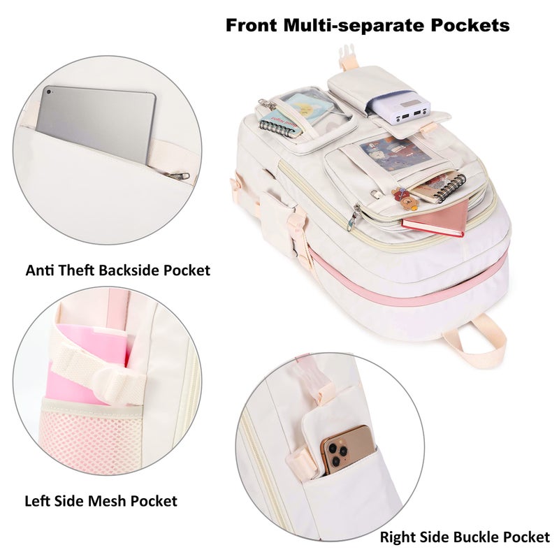 LXYGD Laptop Backpacks 16 Inch School Bag College Backpack 3 PCS with Lunch Box Pencil Pouch Set Large Travel Daypack Kawaii Bookbags for Teens Girls Women Students (Off-white) - Image 3