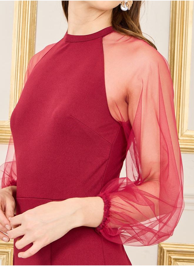 Styli Sheer Mesh Sleeves Bodycon Midi Dress with Side Slit  - Image 3