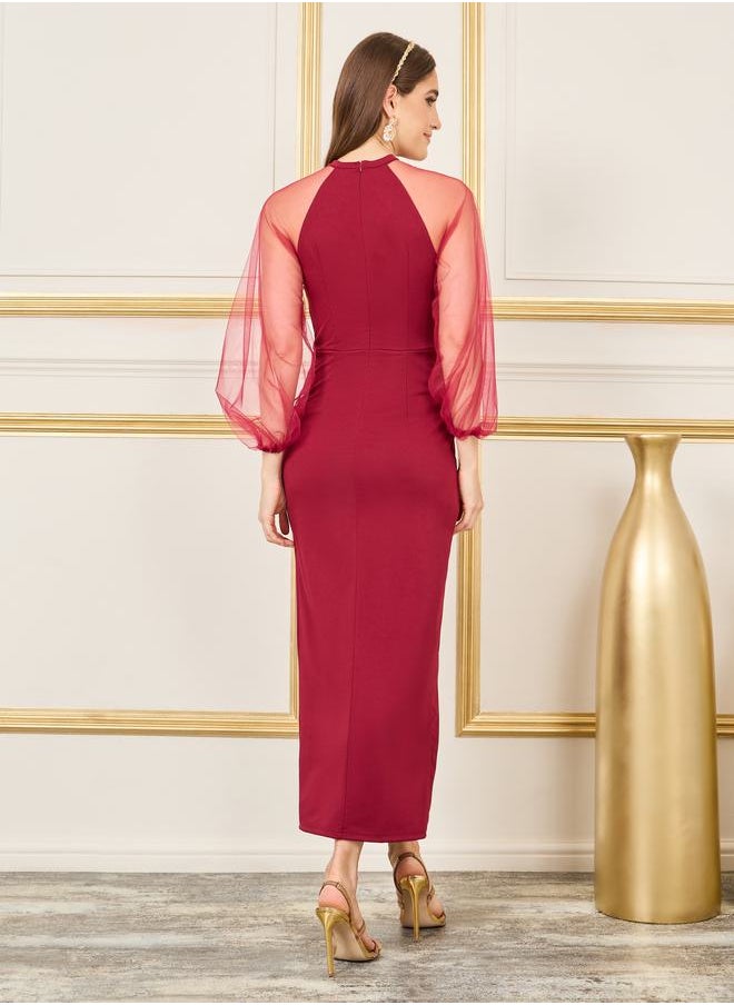 Styli Sheer Mesh Sleeves Bodycon Midi Dress with Side Slit  - Image 4
