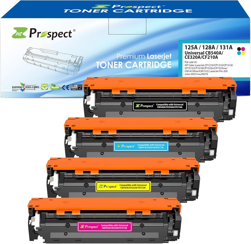 Prospect Toner 131A Cf210A Cf211A Cf212A Cf213A 128A Ce320A Ce321A Ce322A Ce323A 125A Cb540A Cb541 Cb542A Cb543A Compaitble With 131A 128A 125A Hp Models Full Set (4-Pack) Black Cyan Yellow Magenta - Image 1
