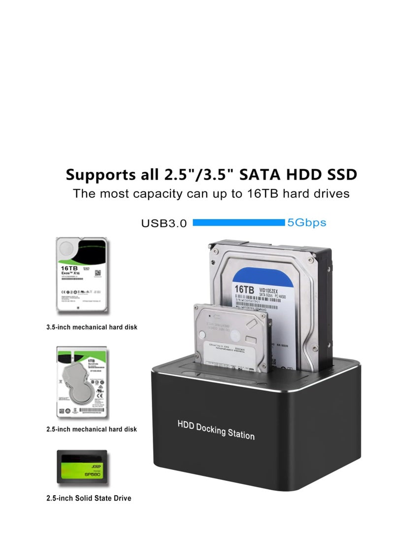 Terabyte Dual-bay Hard Disk Drive Docking Station, USB 3.0, Black, Compatible with 2.5" and 3.5" HDDs and SSDs, Plug and Play, Offline Copy, Fast Data Transmission, Safe & Reliable - Image 2