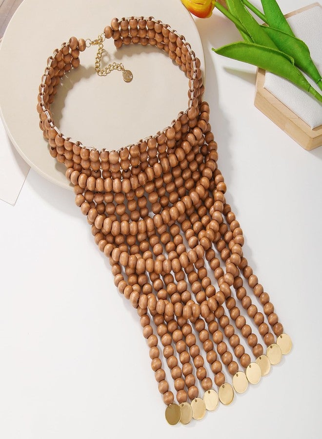 Coiris Boho African Wooden Beaded Bib Statement Choker Necklace Long Multi Strand Chunky Layered Collar Necklace for Women Handmade Jewelry(N0123) (Brown) - Image 3