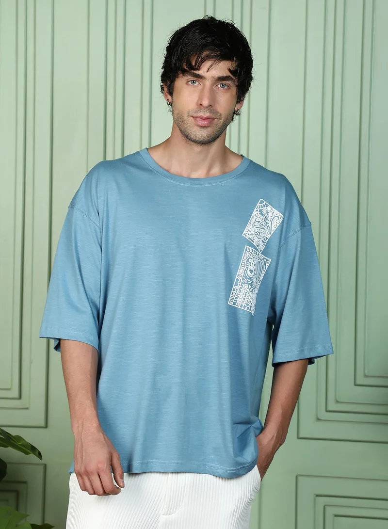 Campus Sutra Men Animal-Farm Imprint Oversized T-Shirt | Crew Neck, Short Regular Sleeves | Pull On , Straight Hem | Graphic Print Jersey | Knitted Fabric For Casual & Daily Wear | Sky Blue