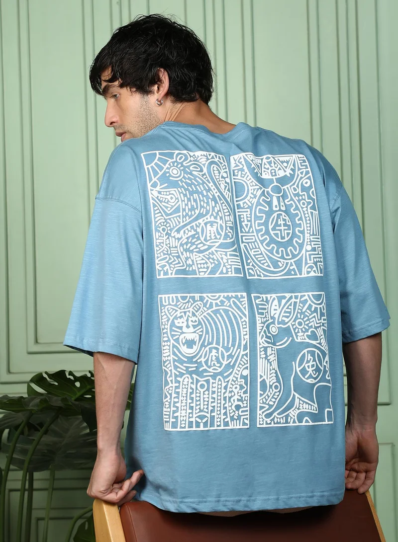 Campus Sutra Men's Sky Blue Animal-Farm Imprint Oversized T-Shirt