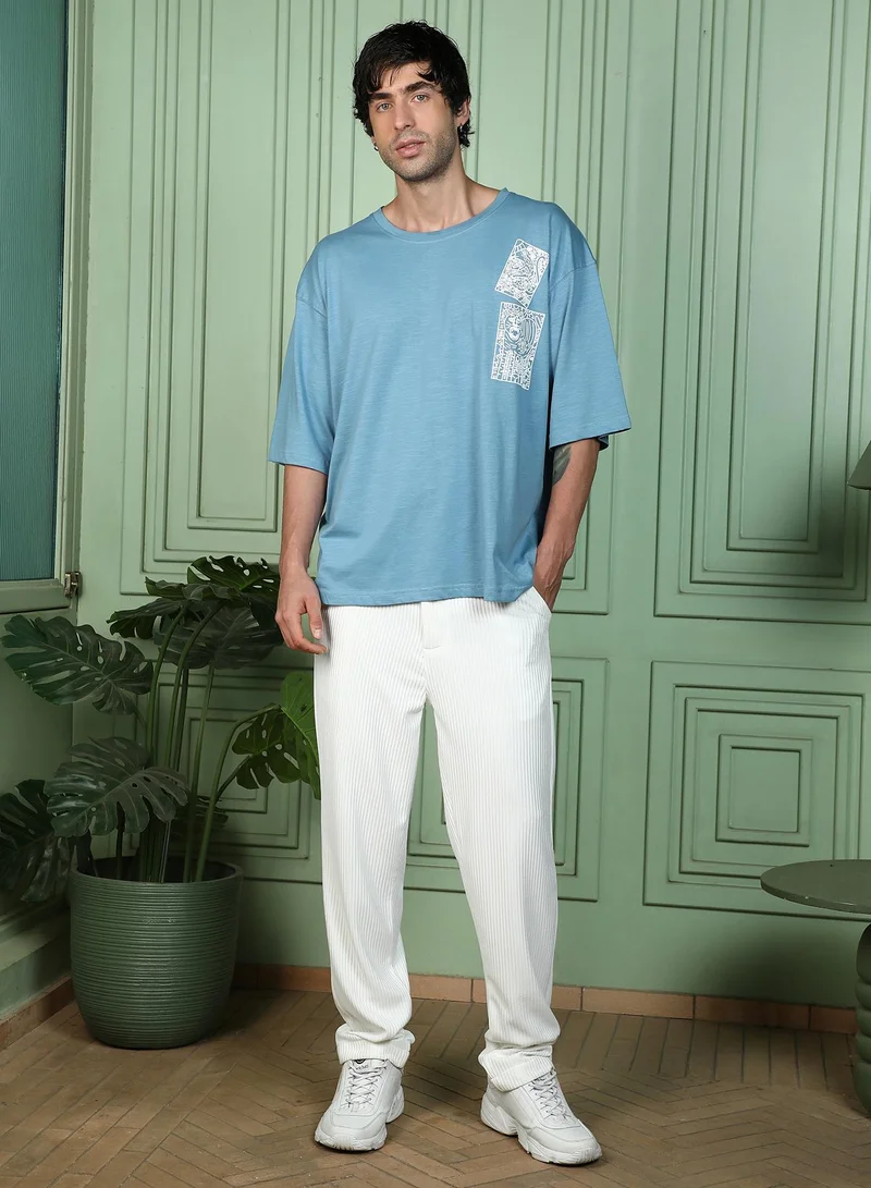 Campus Sutra Men's Sky Blue Animal-Farm Imprint Oversized T-Shirt