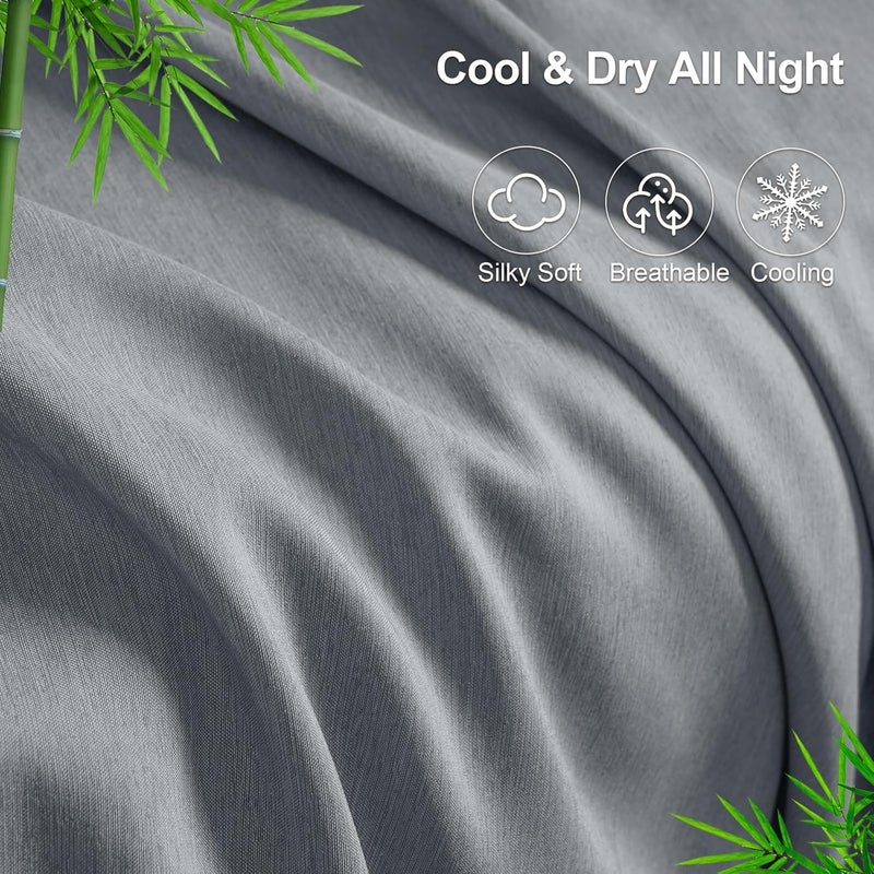 PHF طقم ملاءات تبريد مكون من 4 قطع بحجم كينج، مصنوع من رايون مستخرج من الخيزران والبوليستر، قابل للتنفس وخالي من التجاعيد، يتضمن 1 ملاءة مسطحة 260 سم × 275 سم + 1 ملاءة مشدودة 199 سم × 200 سم × 40 سم + 2 غطاء وسادة 50 سم × 100 سم، رمادي - Image 4