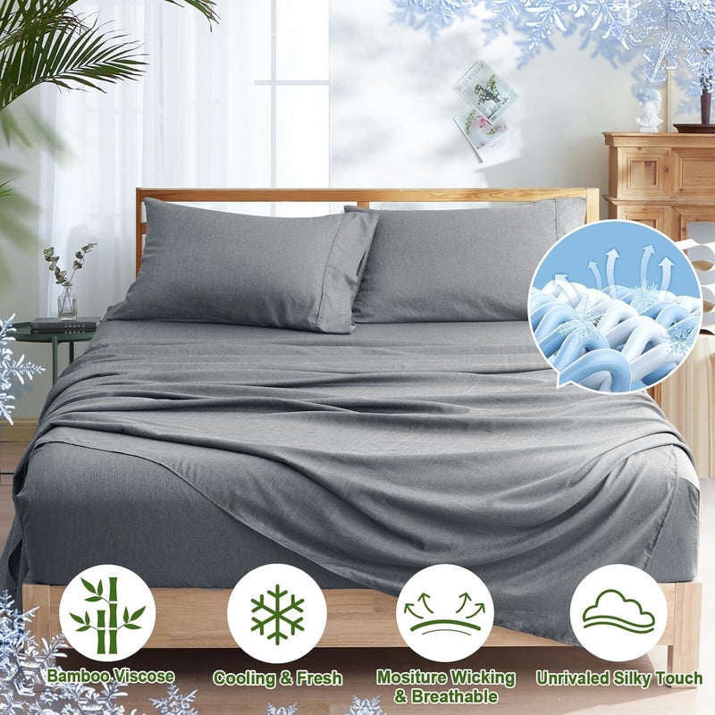 PHF طقم ملاءات تبريد مكون من 4 قطع بحجم كينج، مصنوع من رايون مستخرج من الخيزران والبوليستر، قابل للتنفس وخالي من التجاعيد، يتضمن 1 ملاءة مسطحة 260 سم × 275 سم + 1 ملاءة مشدودة 199 سم × 200 سم × 40 سم + 2 غطاء وسادة 50 سم × 100 سم، رمادي - Image 3
