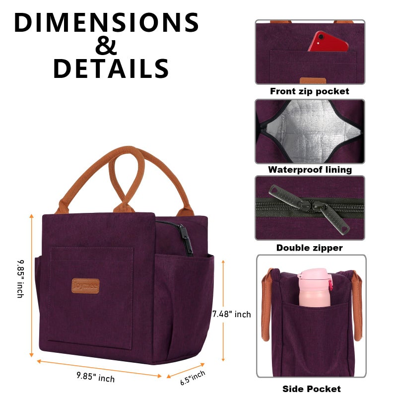 Joymee Lunch Bag Women Insulated Lunch Box Reusable Leakproof Large Spacious Cooler Tote for Women Men Adult with Bottle Holder and Side Pockets for Work Office Travel Picnic - Dark Purple - Image 5