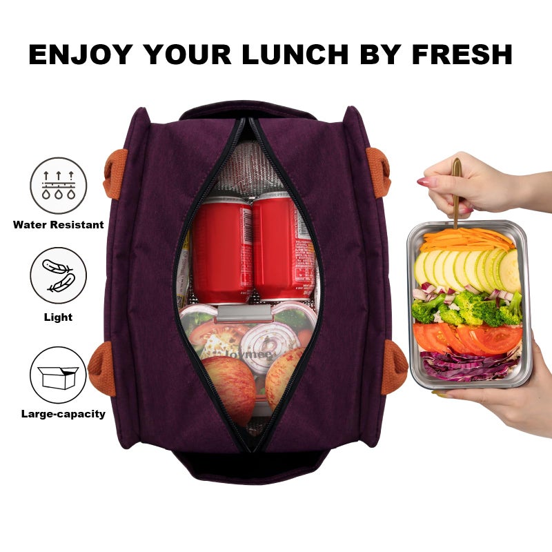 Joymee Lunch Bag Women Insulated Lunch Box Reusable Leakproof Large Spacious Cooler Tote for Women Men Adult with Bottle Holder and Side Pockets for Work Office Travel Picnic - Dark Purple - Image 3