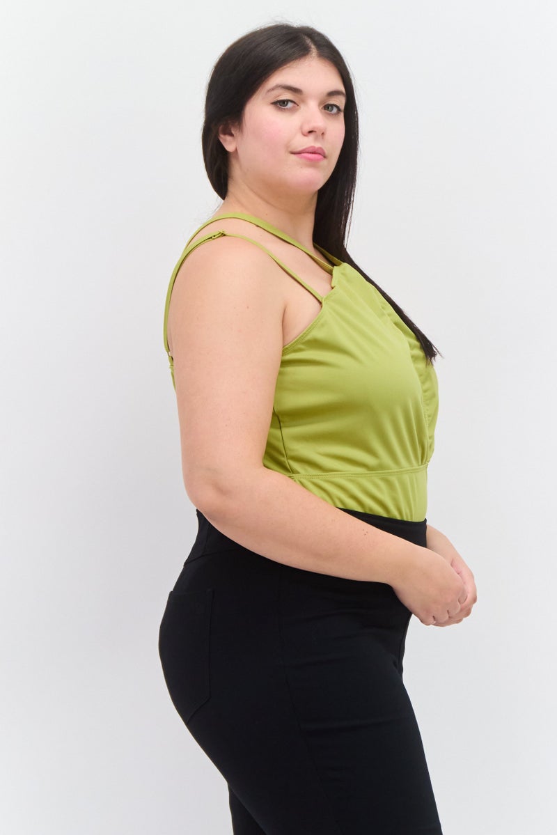 Extro&Vert Women Plus Size Solid Sleeveless Bodysuits, Olive - Image 2