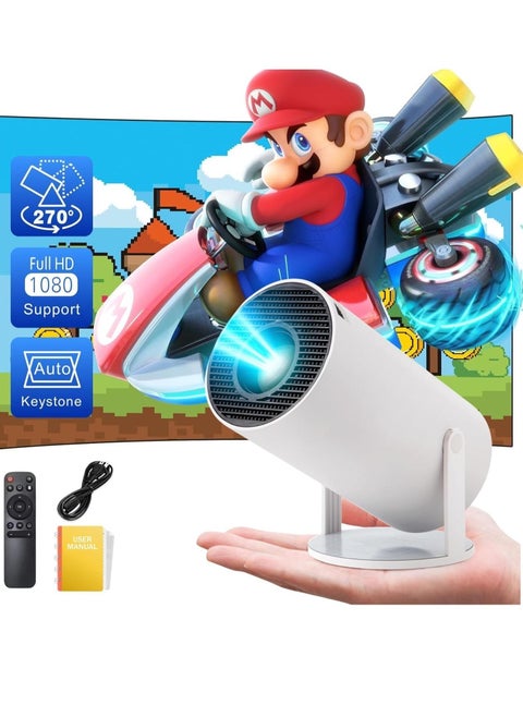 "Mini Projector – Intelligent 4K Portable Projector, Outdoor Camping Projector, Home Mobile Projector 1280P, Auto Keystone Adjustment for Phone/TV Stick/Laptop (White)"