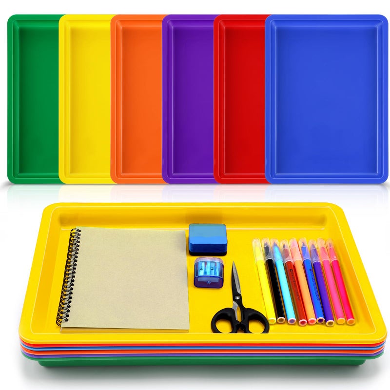 Mifoci 6 Pack Large Plastic Art Trays for Classroom 16x12x1 Inch Stackable Activity Tray for Kids Craft Painting Sensory Play Organizer School Work Art Project Jewelry Sorting Supply 6 Rainbow Color - Image 2