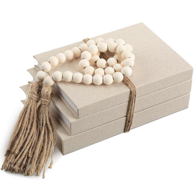 LINEN COVERED DECORATIVE BOOKS SET OF 3 COFFEE TABLE BOOKS FABRIC BOOK DECOR WITH WOODEN BEADED TASSEL NEUTRAL HOME DECOR FOR RUSTIC FARMHOUSE MODERN SHELVES TIERED TRAY