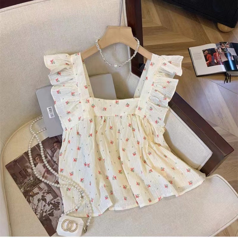 Little Flying Sleeve Vest Chiffon Top Women'S Summer Bow Short Babydoll Shirt French Floral Square Neck Flower Bud Vest - Image 3