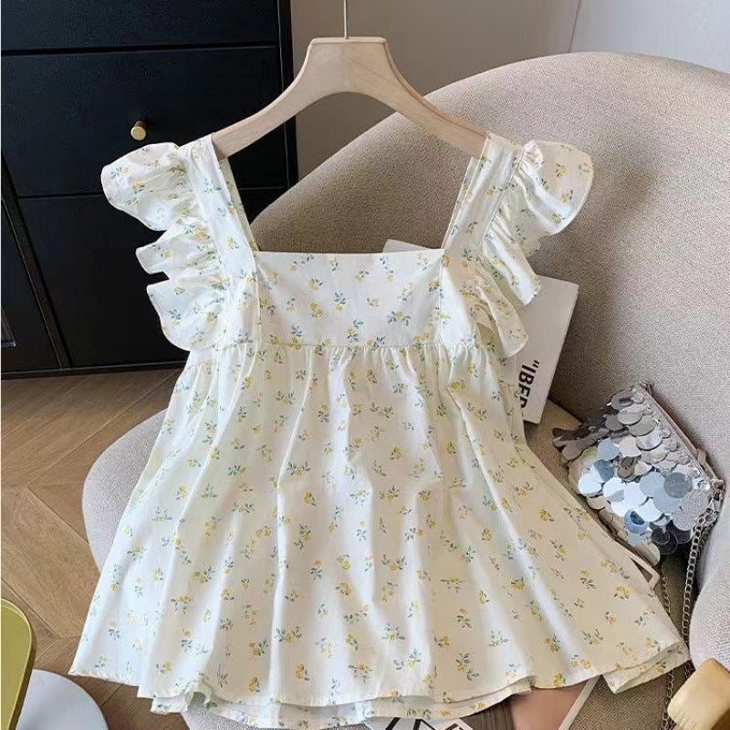 Little Flying Sleeve Vest Chiffon Top Women'S Summer Bow Short Babydoll Shirt French Floral Square Neck Flower Bud Vest - Image 5
