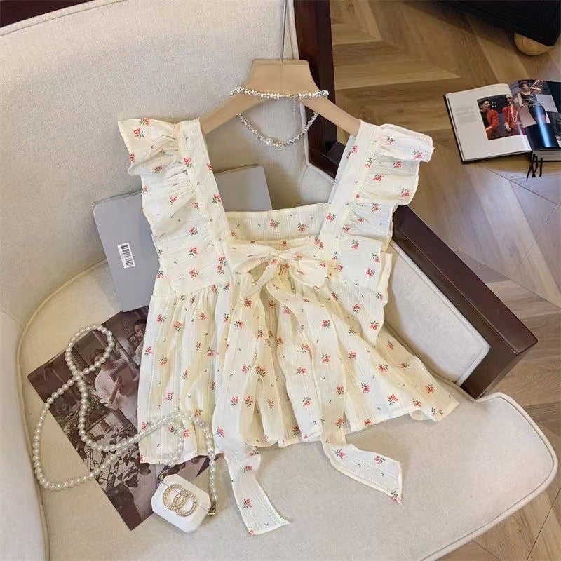 Little Flying Sleeve Vest Chiffon Top Women'S Summer Bow Short Babydoll Shirt French Floral Square Neck Flower Bud Vest - Image 4