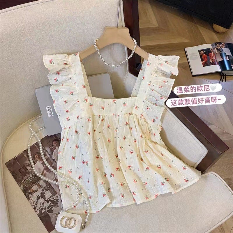 Little Flying Sleeve Vest Chiffon Top Women'S Summer Bow Short Babydoll Shirt French Floral Square Neck Flower Bud Vest - Image 2