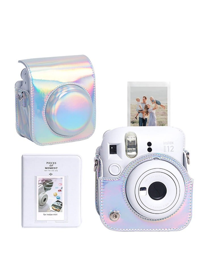 Case for Fujifilm Instax Mini 12 Camera Protective PU Leather Bag Cover with Adjustable Shoulder Strap and Mini Photo Album 64 Pockets (Shiny Silver) - Image 1