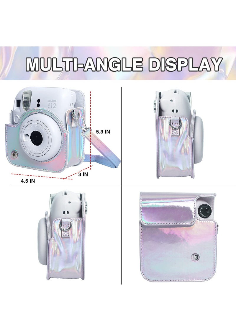 Case for Fujifilm Instax Mini 12 Camera Protective PU Leather Bag Cover with Adjustable Shoulder Strap and Mini Photo Album 64 Pockets (Shiny Silver) - Image 5