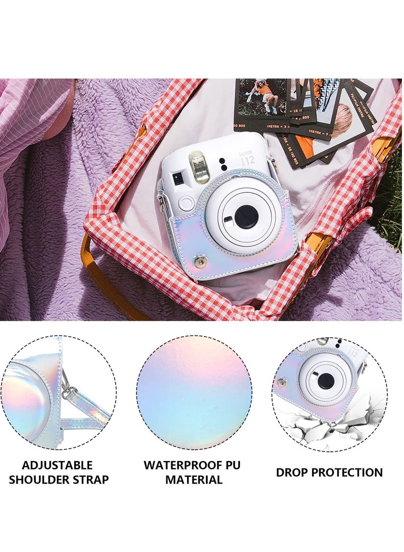 Case for Fujifilm Instax Mini 12 Camera Protective PU Leather Bag Cover with Adjustable Shoulder Strap and Mini Photo Album 64 Pockets (Shiny Silver) - Image 2
