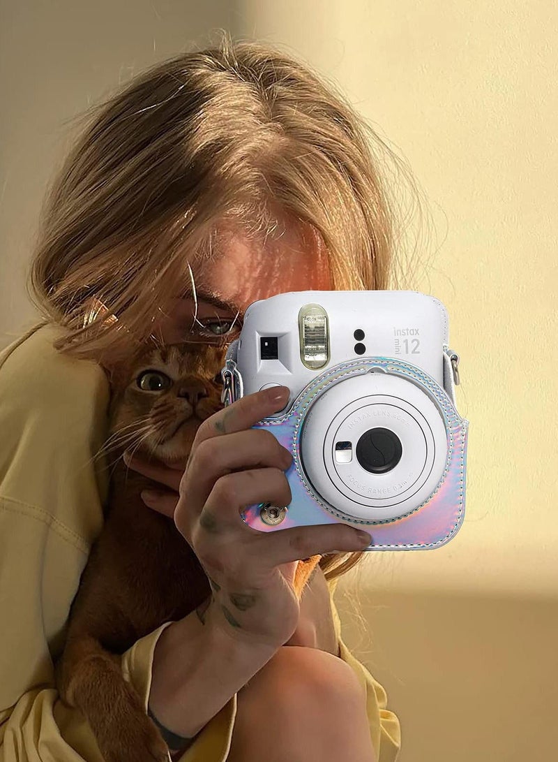 Case for Fujifilm Instax Mini 12 Camera Protective PU Leather Bag Cover with Adjustable Shoulder Strap and Mini Photo Album 64 Pockets (Shiny Silver) - Image 3