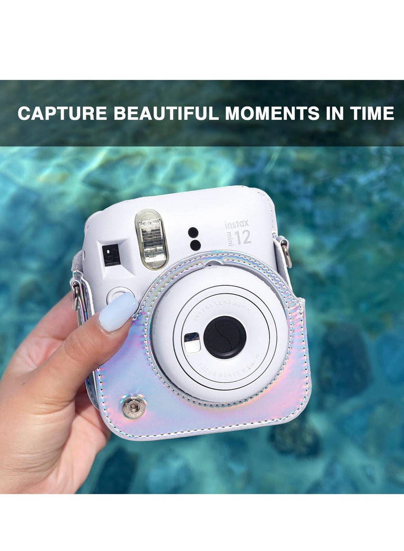 Case for Fujifilm Instax Mini 12 Camera Protective PU Leather Bag Cover with Adjustable Shoulder Strap and Mini Photo Album 64 Pockets (Shiny Silver) - Image 4