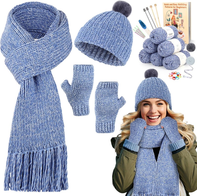 Coopay Coopay Knitting Kit for Beginners Complete Knitting Kits Learn to Knit Hat Scarf Glove Knitting Starter Kit for Adults with Yarn Knitting Set with StepbyStep Instruction Tutorial  Grayish Blue  - Image 1