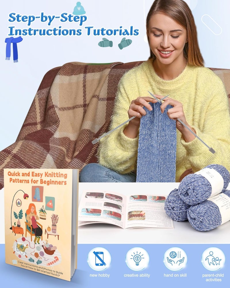 Coopay Coopay Knitting Kit for Beginners Complete Knitting Kits Learn to Knit Hat Scarf Glove Knitting Starter Kit for Adults with Yarn Knitting Set with StepbyStep Instruction Tutorial  Grayish Blue  - Image 3