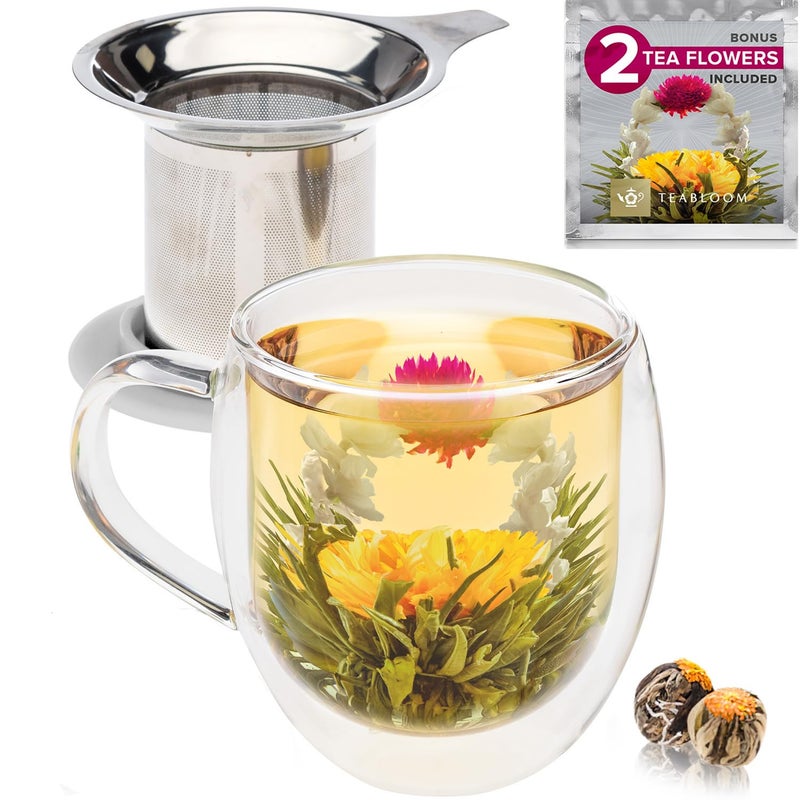 Teabloom StayHot Heatproof Glass Mug with Loose Tea Infuser and Lid  15 oz 430 mL  2 Blooming Teas Included