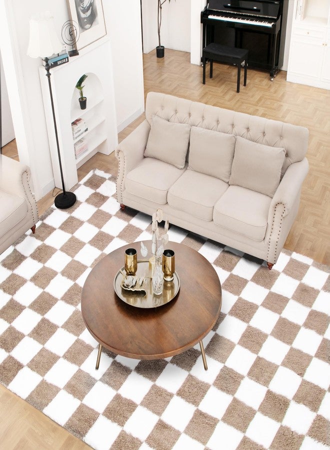 TOOHUB Super Soft Rug for Bedroom, 4x6 Ft Beige and White Area Rug Classic Checkered Shaggy Anti-Skid High Pile Soft Fluffy Rug Fuzzy Carpet for Living Room Bedroom Kids Room Nursery, Dorm Home Decor - Image 2