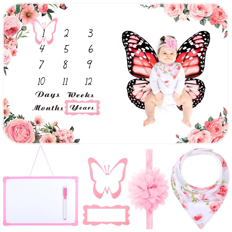 Chumia Chumia 6 Pcs Monthly Baby Milestone Blanket for Girl Set Butterfly Newborn Calendar Growth Chart Baby Age Receiving Blanket with Bib Frame Headband for Photo Props 59 x 39PinkCute Pattern