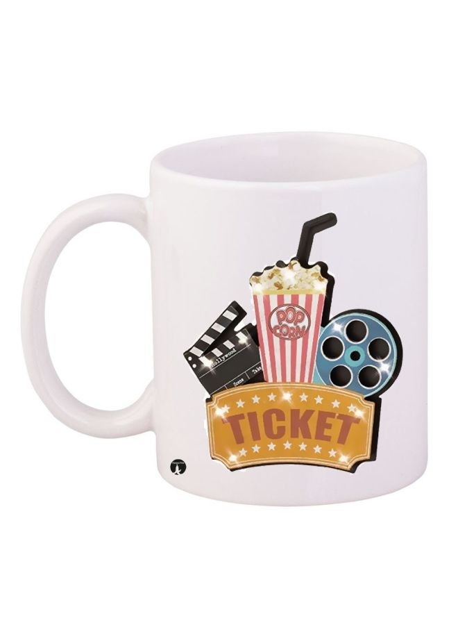 RYN Movie Ticket Printed Coffee Mug White/Pink/Brown 11ounce