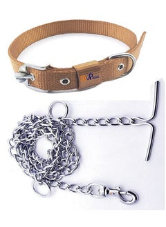 Generic Non-Toxic Heavy Duty Combo Pack Of Stainless Steel 5 Feet Long Leash Chain With 12-16 Inch Adjustable Nylon Collar Belt Set Ideal For Small And Medium Dogs (Golden  - Image 1