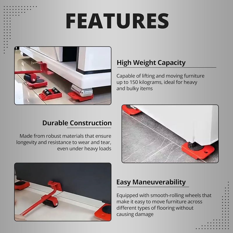 ROBUSTT Furniture Movers Slider - Pack of 1 | 4 Pcs Furniture Lifter Mover Tool Set | 360° Rotational Pads | Heavy Duty Furniture Lifter and Mover | Lifting Tool for 150 KG - Image 2