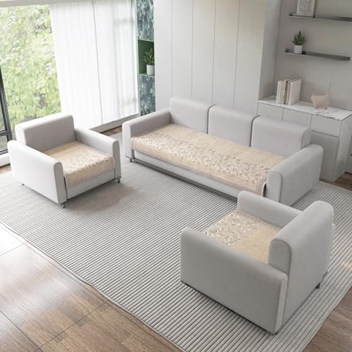 Nendle Refined Velvet Floral Sofa Mat 5 Seater Set Cover Elegant and Durable Protector for Living Room Sofa Set 3+1+1, Suitable for Wooden, Leather, Other Fabric Sofa Set (Color Beige, Pack of 3) - Image 1