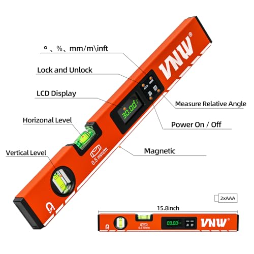 VNW 16inch Digital Level with LCD Display - Bubble Light Up Function - Multi Purpose:Magnetic Torpedo Level, Angle Finder 0-90° & 0-180° Range -Leveler Tool for Woodwork,Saw & Home Leveling (Champagne) - Image 5