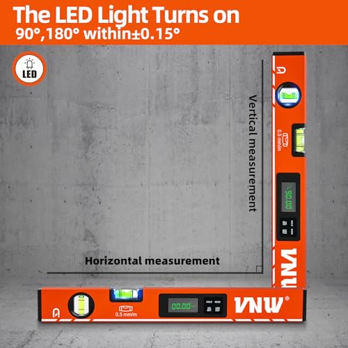 VNW 16inch Digital Level with LCD Display - Bubble Light Up Function - Multi Purpose:Magnetic Torpedo Level, Angle Finder 0-90° & 0-180° Range -Leveler Tool for Woodwork,Saw & Home Leveling (Champagne) - Image 2