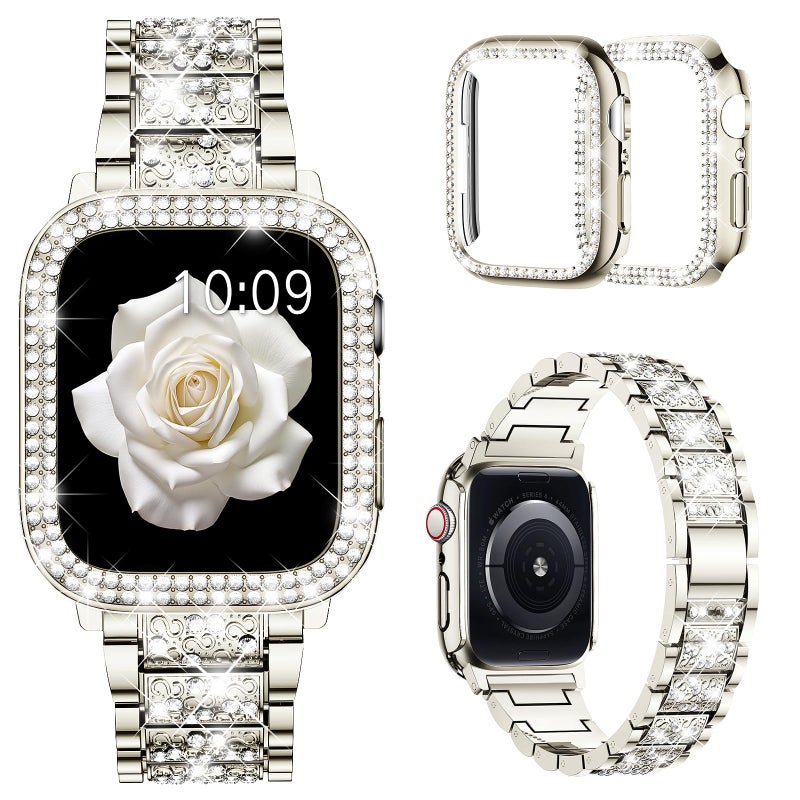 Mosonio Compatible with Apple Watch Band 44mm with Case Women Jewelry Replacement Metal Wristband Strap with 2 Pack Bling PC Protective Cover for iWatch Series 654 44mm Starlight - Image 2
