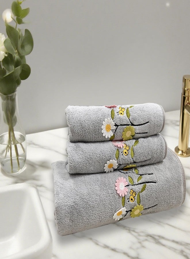 USTIDE Towels Set of 3 Embroidered Floral Pattern Absorbent Soft Decorative Towel for Bathroom (1 Bath Sheet Large Size+2 Gray Hand Towels) - Image 4