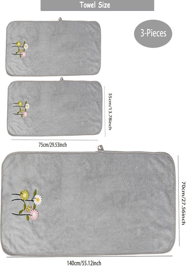 USTIDE Towels Set of 3 Embroidered Floral Pattern Absorbent Soft Decorative Towel for Bathroom (1 Bath Sheet Large Size+2 Gray Hand Towels) - Image 2