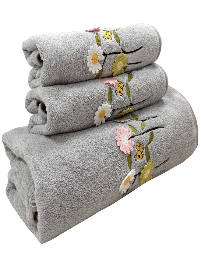 USTIDE Towels Set of 3 Embroidered Floral Pattern Absorbent Soft Decorative Towel for Bathroom (1 Bath Sheet Large Size+2 Gray Hand Towels) - Image 1